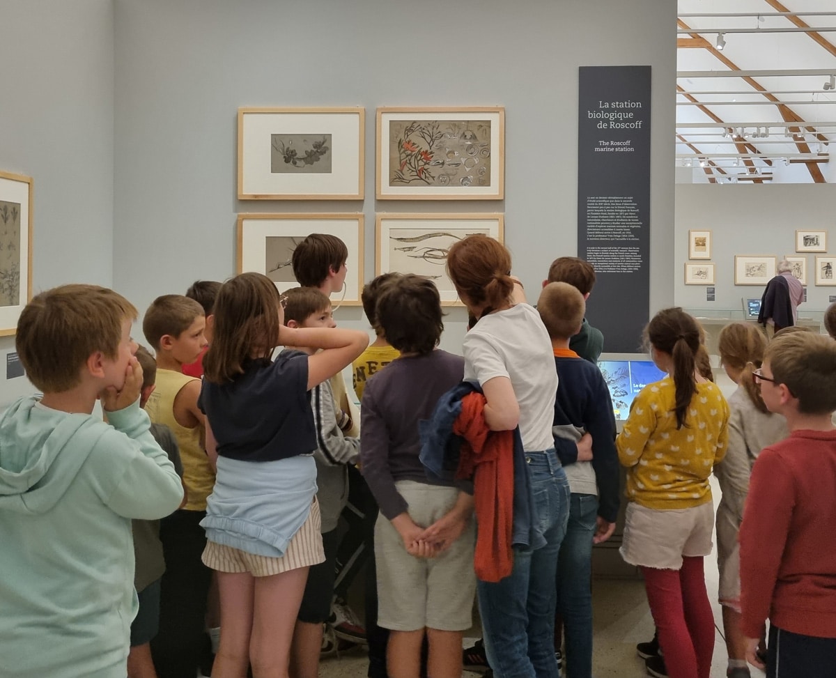 Groupe d'enfants admirant les œuvres